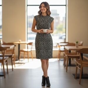 JONES‎ WEAR DRESS Black White Tweed Cap Sleeve Sheath Knee Length Size 8